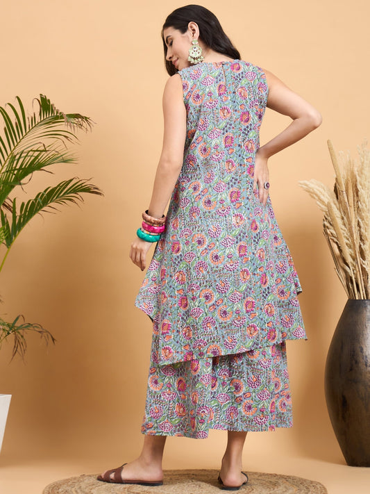 InWeave Grey Kantha Floral Jaal Short Palazzo Set - Swadesiicart