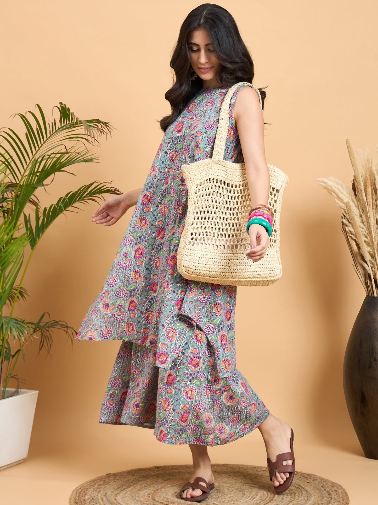 InWeave Grey Kantha Floral Jaal Short Palazzo Set - Swadesiicart
