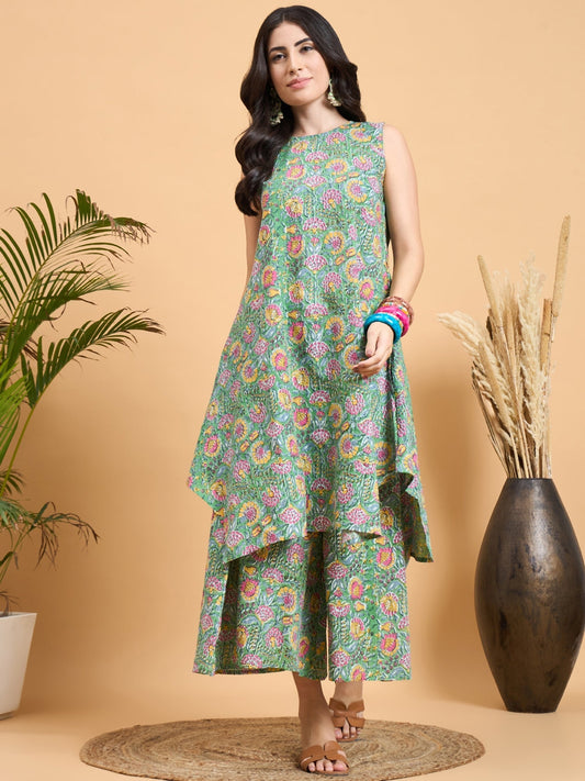 InWeave Mint Green Kantha Floral Jaal Short Palazzo Set - Swadesiicart