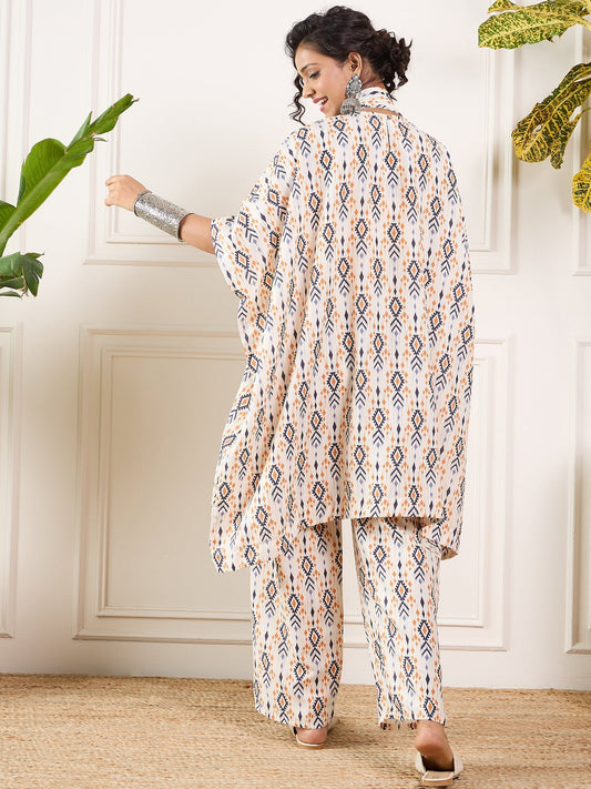 InWeave Off White Orange Black Ikkat Print Tie Neck Kaftan Boho Set - Swadesiicart