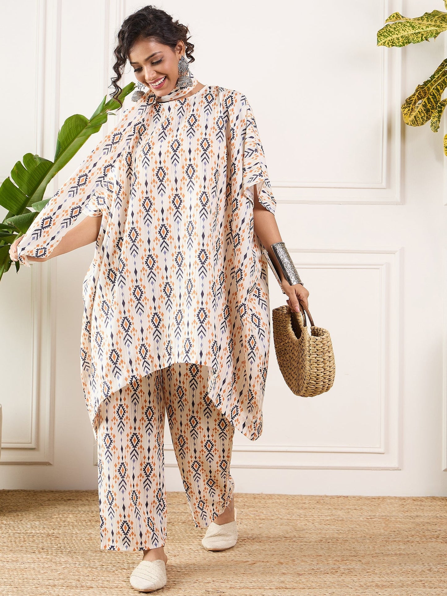 InWeave Off White Orange Black Ikkat Print Tie Neck Kaftan Boho Set - Swadesiicart