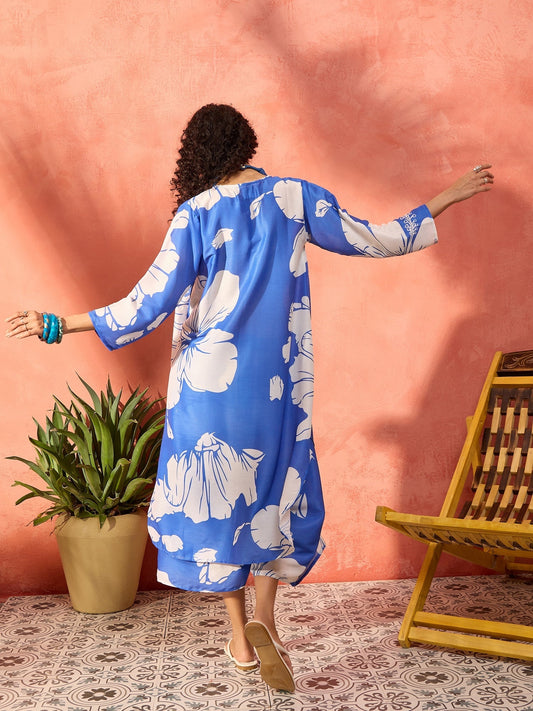 InWeave Azure Blue Hibiscus Kurta Set - Swadesiicart