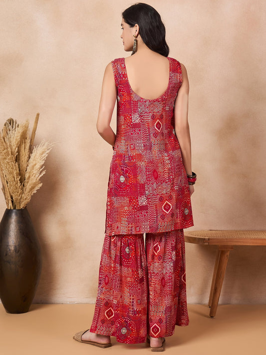 InWeave Orange Red Unique Foil Sweetheart Neck Sharara Set - Swadesiicart