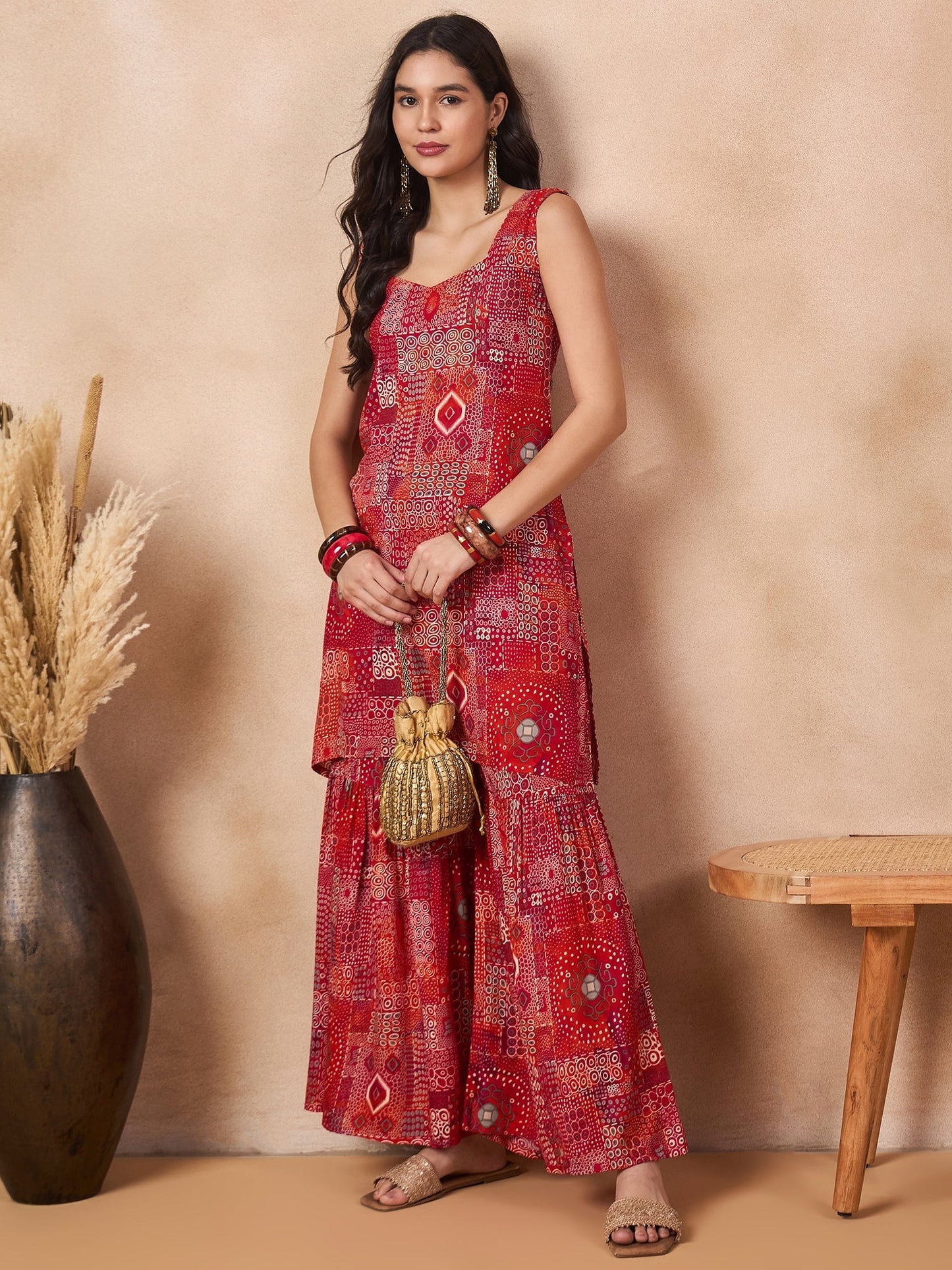 InWeave Orange Red Unique Foil Sweetheart Neck Sharara Set - Swadesiicart