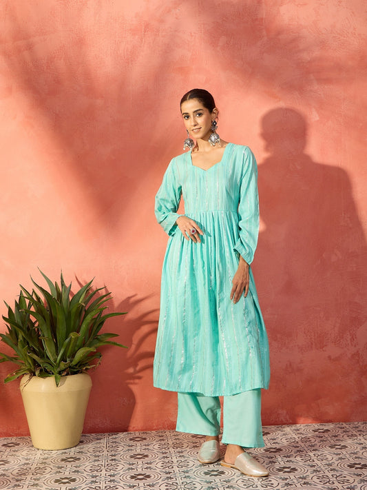InWeave Mint Green Lurex Sweetheart Neck Short Kurta Pant Set - Swadesiicart