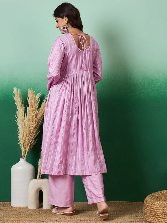 InWeave Lavender Lurex Sweetheart Neck Short Kurta Pant Set - Swadesiicart