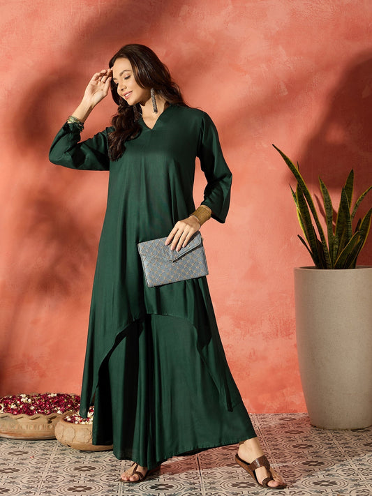 InWeave Dark Green Mandarin Neck High Low Kurta Set - Swadesiicart