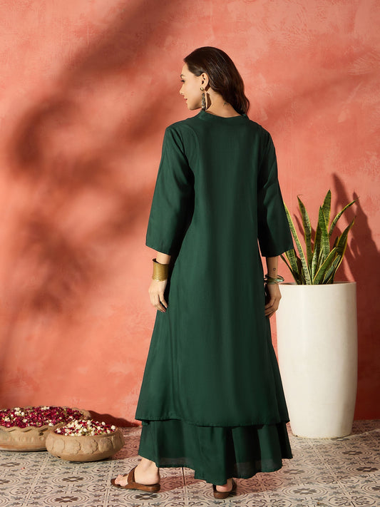InWeave Dark Green Mandarin Neck High Low Kurta Set - Swadesiicart