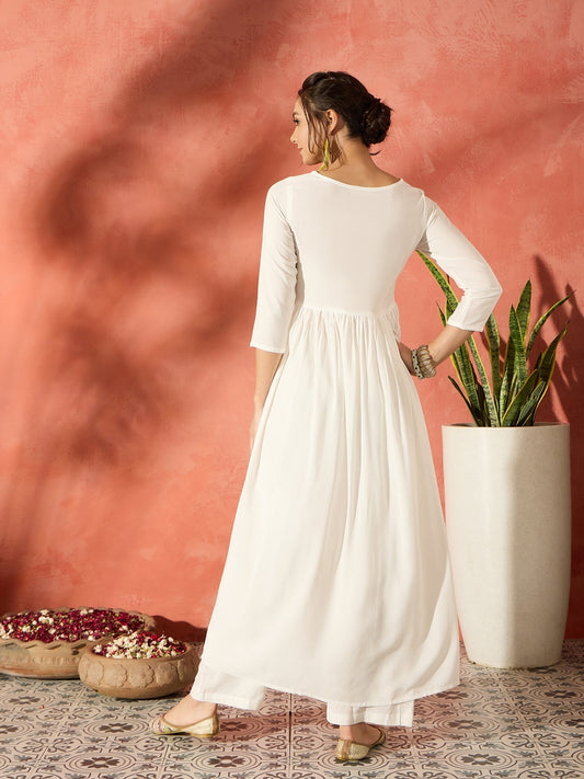 InWeave White Long Anarkali Kurta Pant Set - Swadesiicart