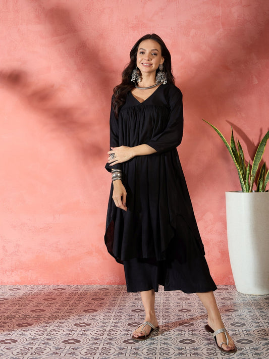 InWeave Black V-Neck Flared Kurta Short Palazzo Set - Swadesiicart