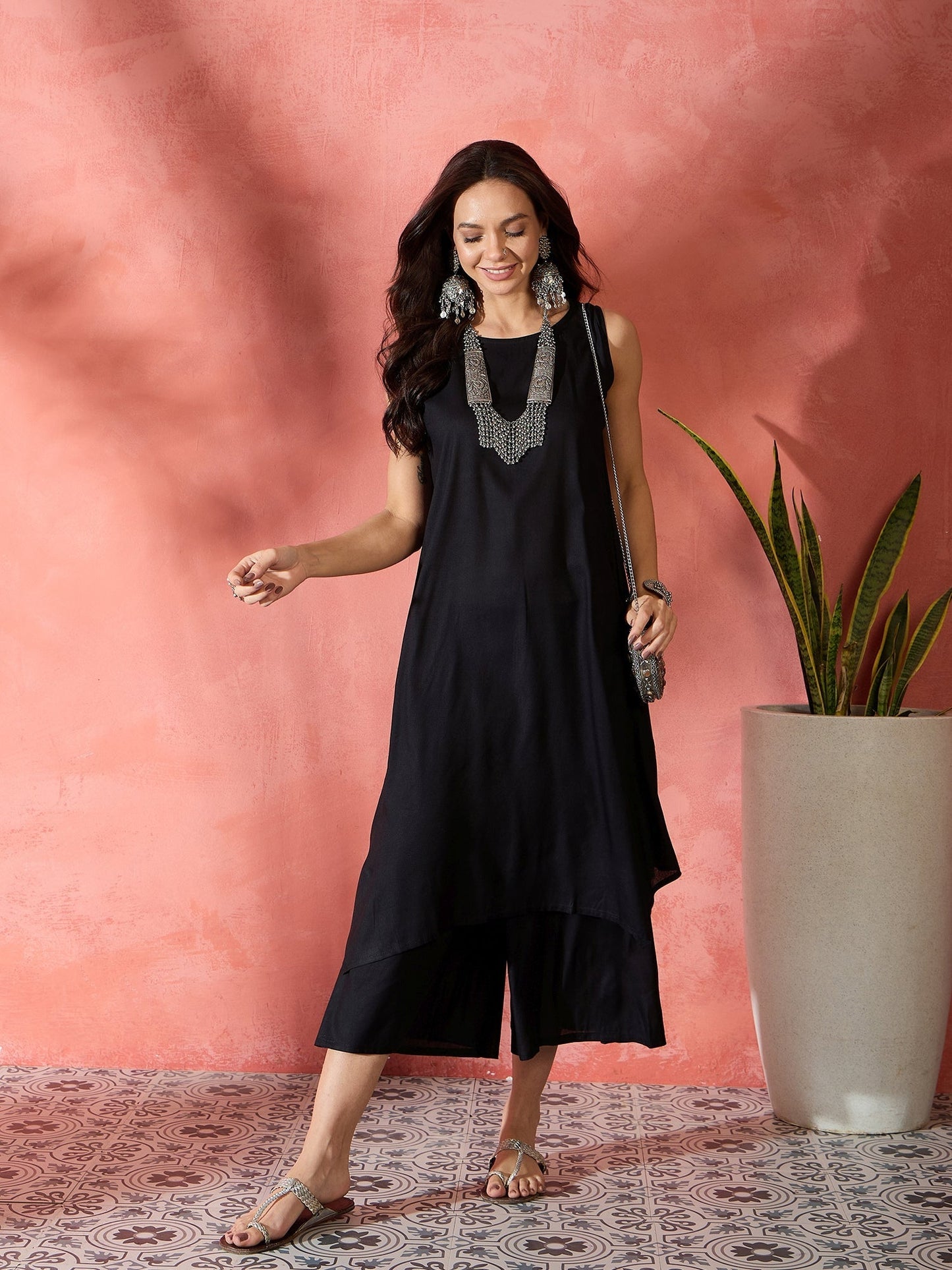 InWeave Black Kurta Short Palazzo Set - Swadesiicart