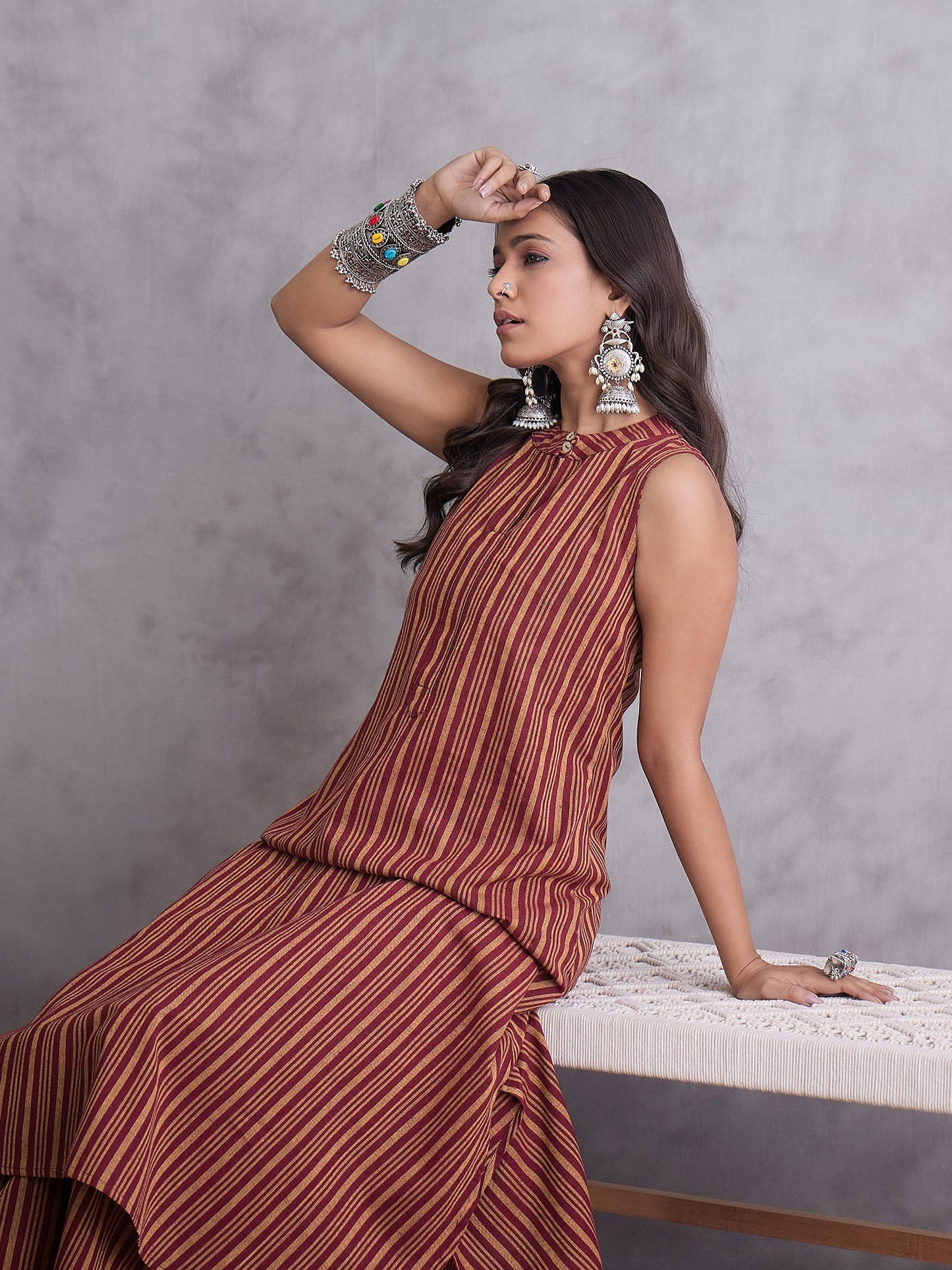 InWeave Maroon Orange Striped Kurta Set - Swadesiicart
