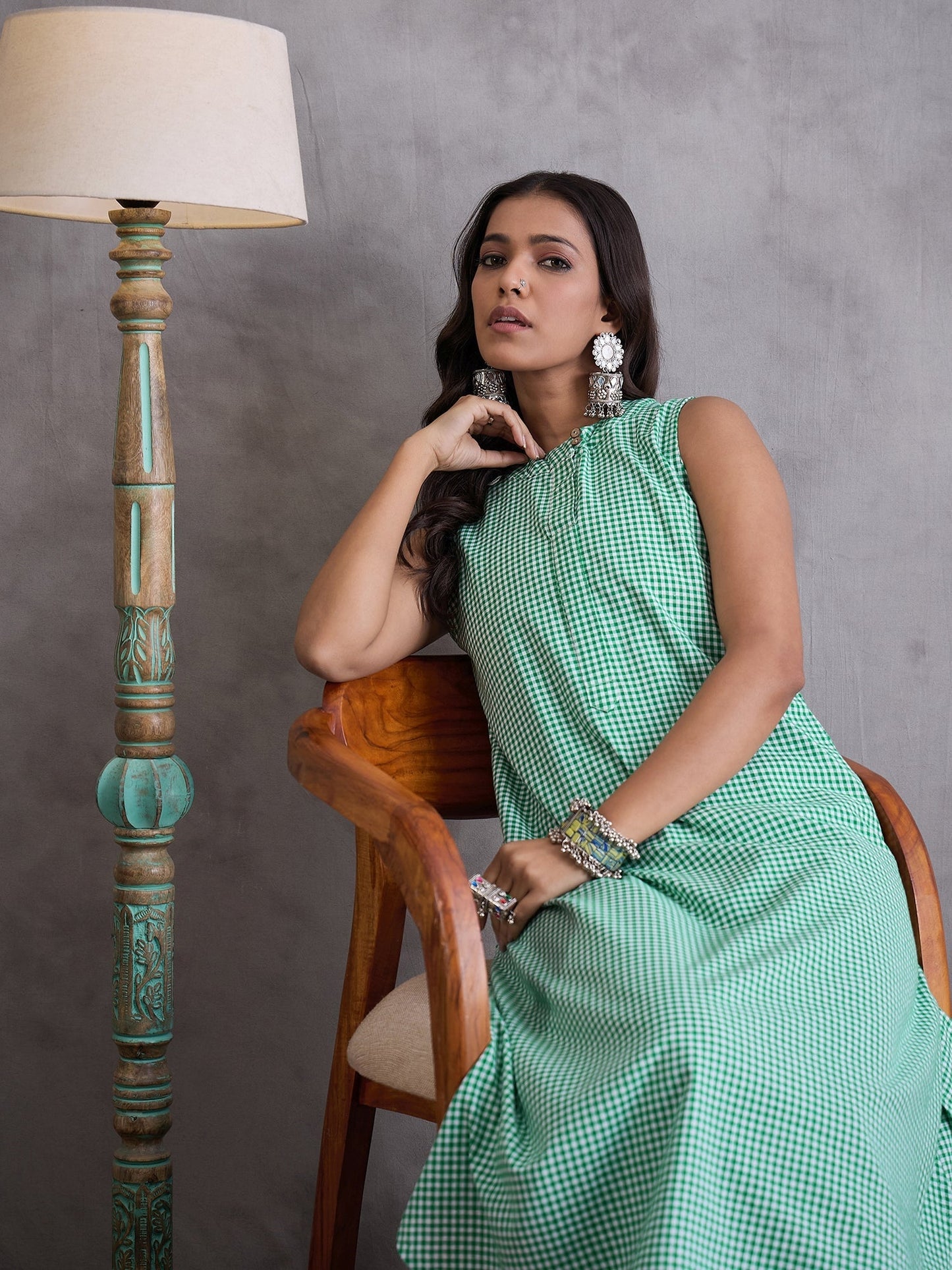 InWeave Green Small Check Kurta Set - Swadesiicart