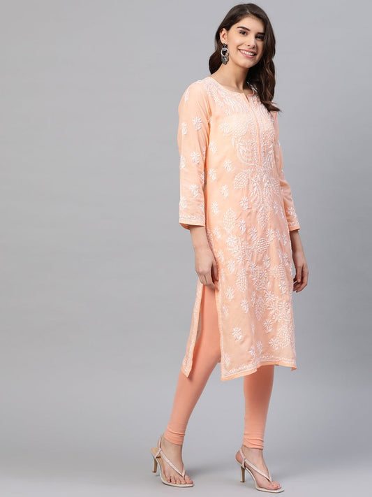 ADA Women Peach-Coloured & White Chikankari Embroidered Straight Sustainable Kurta | Swadesiicart