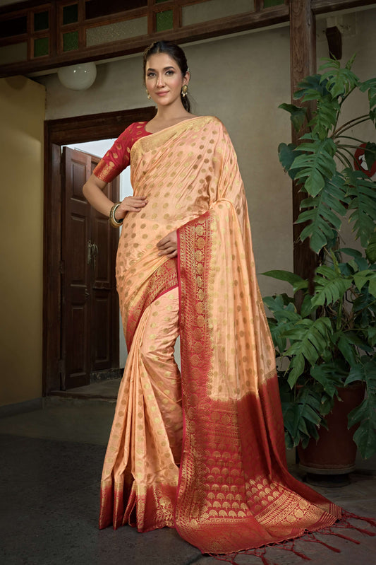Vardha Peach Golden Zari Banarasi Raw Silk Saree | Swadesiicart