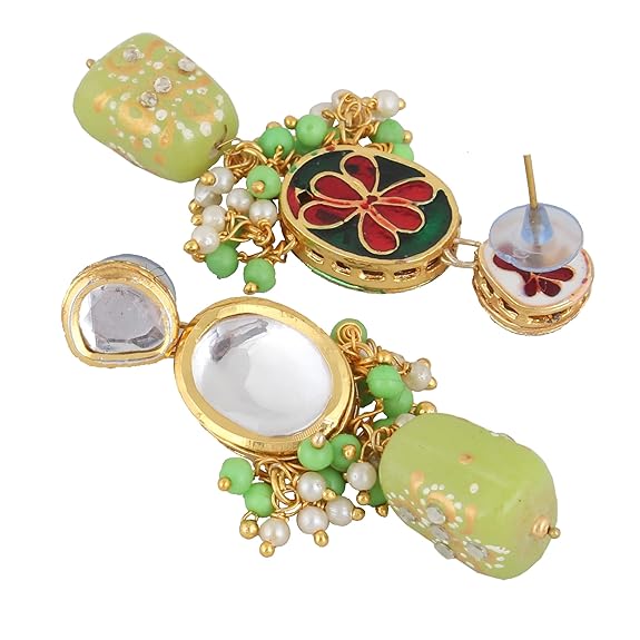 Tehzeeb Creations Back Meenakari Gold-Polished Green Color Tika Earring Jewellery Set Uncut Kundan Big Faux Kundan Dibbi Kundan Choker Necklace Set | Swadesiicart