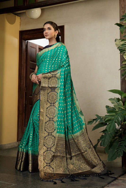 Vardha Teal Green Golden Zari Banarasi Raw Silk Saree | Swadesiicart
