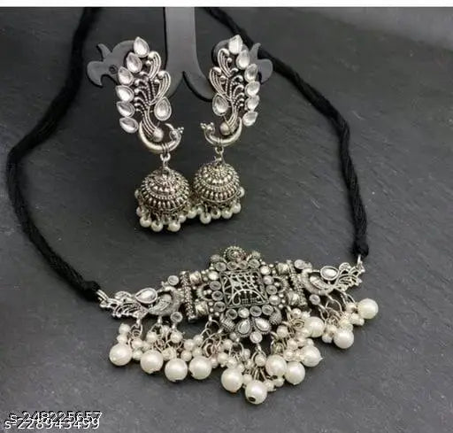 Tehzeeb Creations Women's Silver Colour Necklace With Peacock Design - Swadesiicart