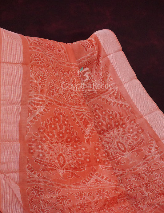 Mix of Peach and Orange Block Printed Semi Chanderi Saree By Gayathri Reddy Designer Studio | Swadesiicart