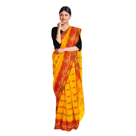 Exclusive Collection 100% Pure Cotton Yellow Tant Saree With Hand Weaving Work - Swadesiicart