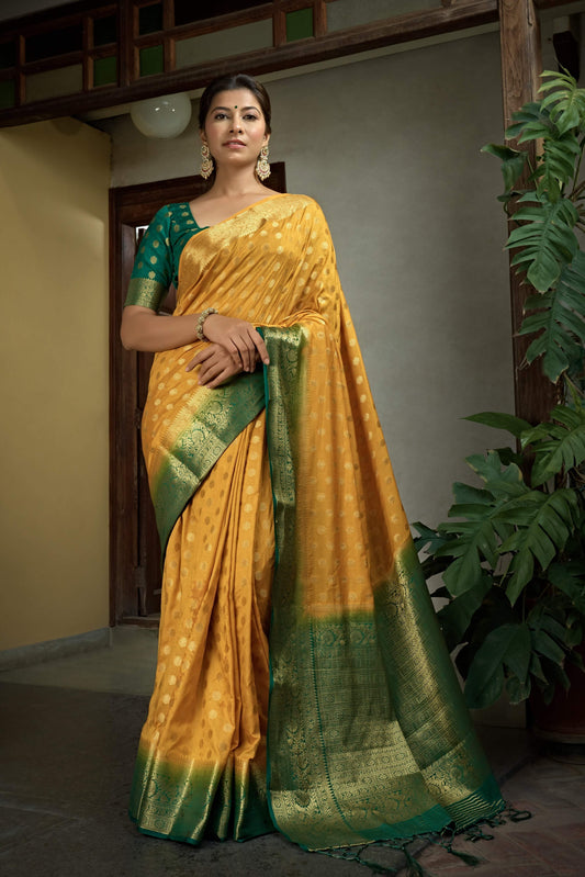 Vardha Scarlet Yellow Golden Zari Banarasi Raw Silk Saree | Swadesiicart