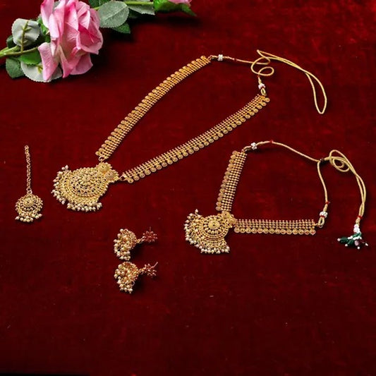 Jewel City Luxurious Gold-Plated South Indian Bridal Jewelry Set - Necklace, Long Chain, Earrings, and Tikka | Swadesiicart