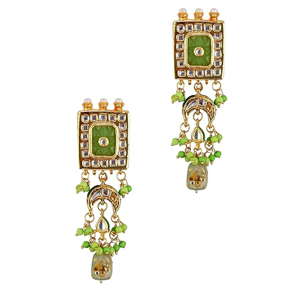 Tehzeeb Creations Meenakari Gold-Polished Green Color Rectangular Shape Uncut Kundan Combo Necklace Set - Swadesiicart