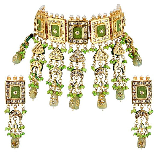 Tehzeeb Creations Meenakari Gold-Polished Green Color Rectangular Shape Uncut Kundan Combo Necklace Set - Swadesiicart