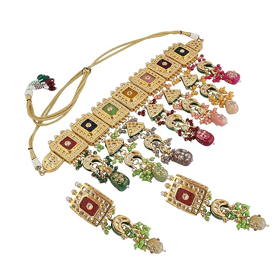 Tehzeeb Creations Meenakari Gold-Polished Multi Color Rectangular Shape Uncut Kundan Combo Necklace Set - Swadesiicart