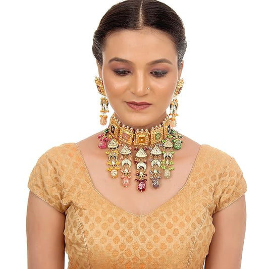 Tehzeeb Creations Meenakari Gold-Polished Multi Color Rectangular Shape Uncut Kundan Combo Necklace Set - Swadesiicart