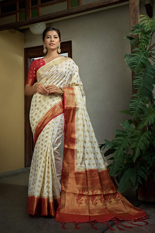 Vardha Adorn Ivory Golden Zari Banarasi Raw Silk Saree | Swadesiicart