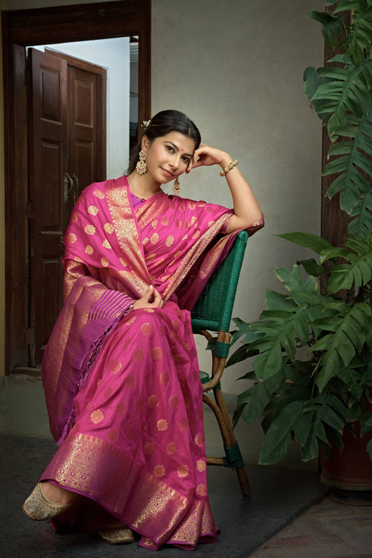 Vardha Cerise Pink Golden Zari Banarasi Raw Silk Saree | Swadesiicart