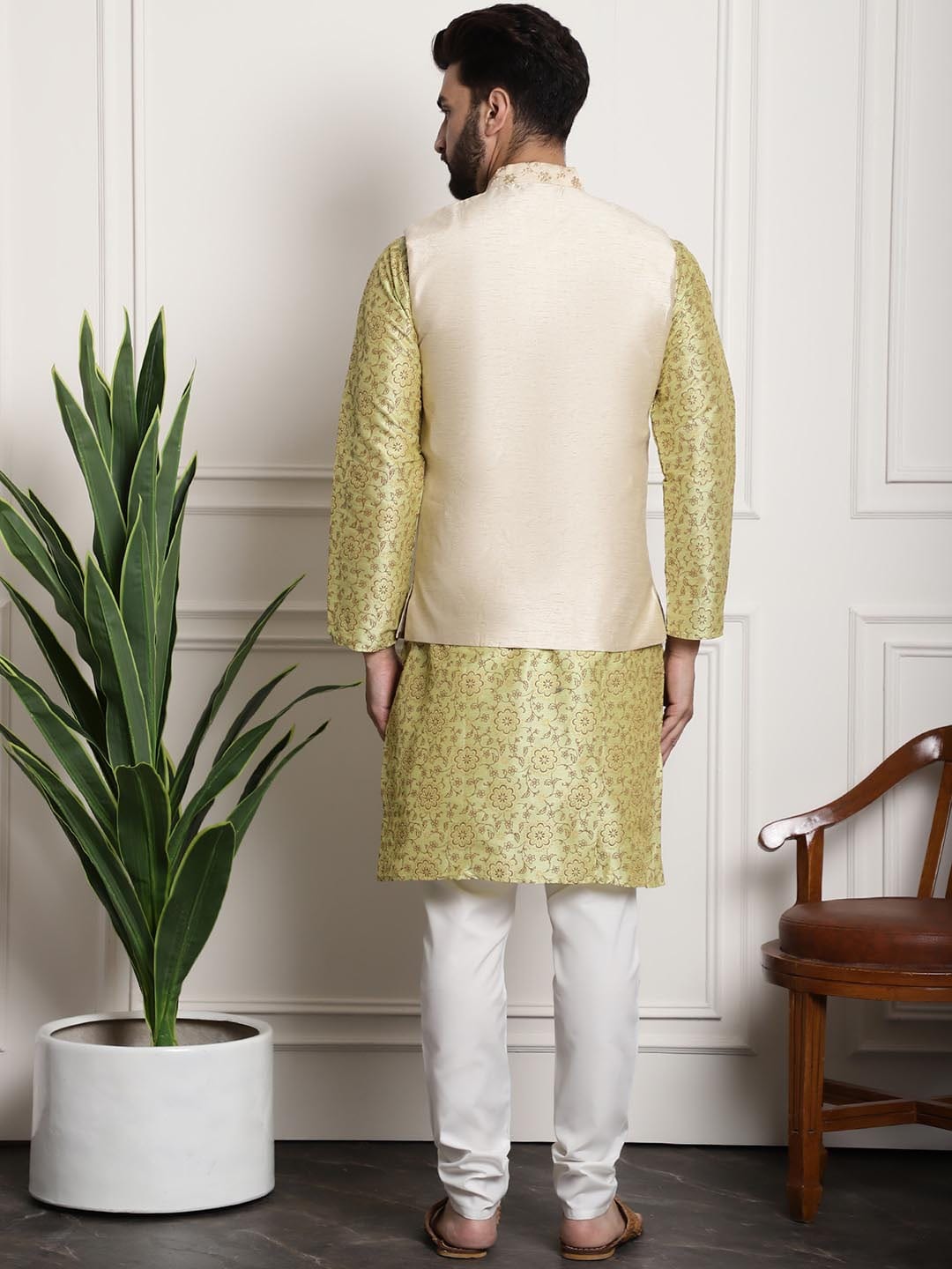 Sojanya Men Lime Green Ethnic Motifs Printed Kurta with Pyjamas & Nehru Jacket | Swadesiicart