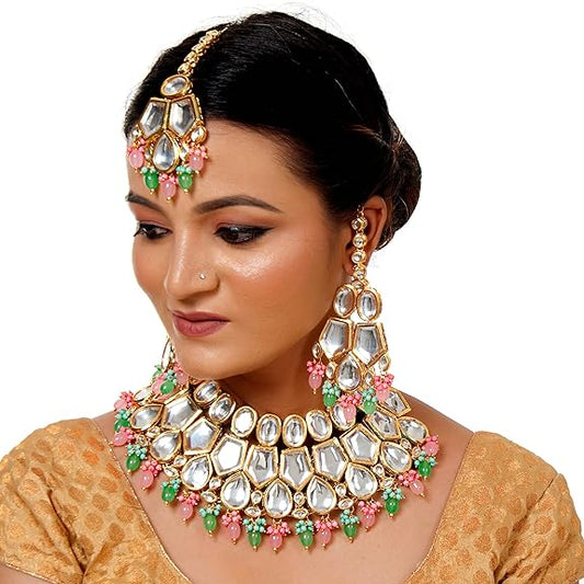 Tehzeeb Creations Back Meenakari Gold-Polished MultiColor Set Uncut Big Faux Kundan Choker Necklace Set | Swadesiicart