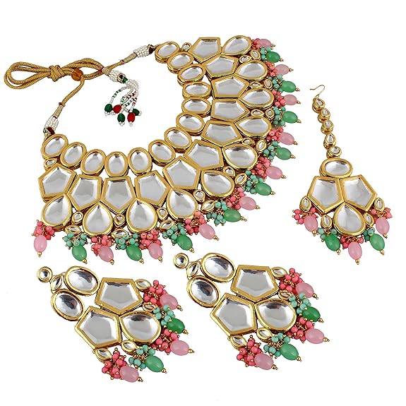 Tehzeeb Creations Back Meenakari Gold-Polished MultiColor Set Uncut Big Faux Kundan Choker Necklace Set | Swadesiicart