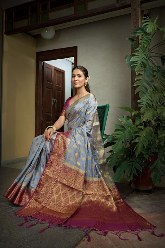 Vardha Royal Grey Golden Zari Banarasi Raw Silk Saree | Swadesiicart