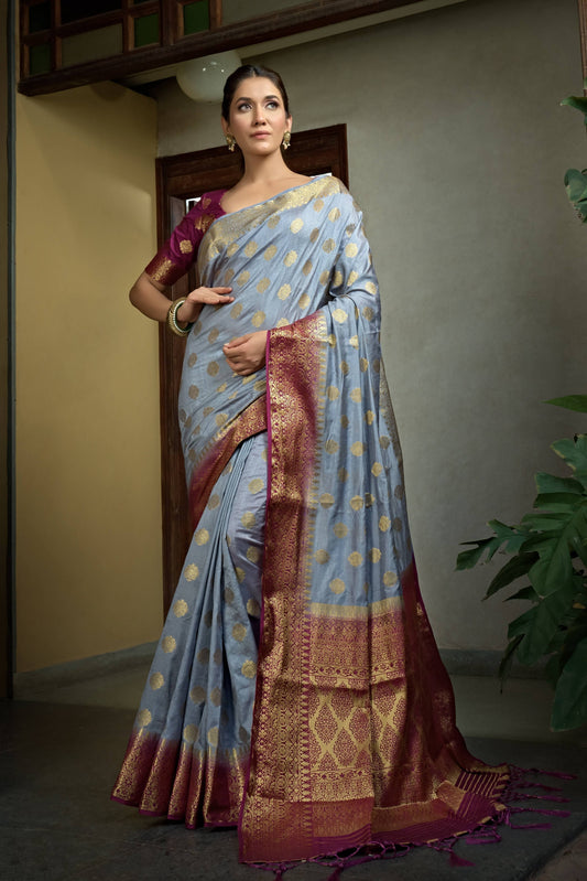 Vardha Royal Grey Golden Zari Banarasi Raw Silk Saree | Swadesiicart