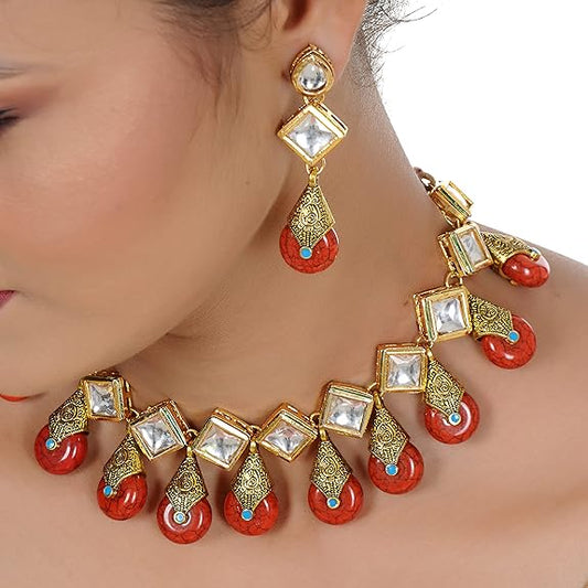 Tehzeeb Creations Back Meenakari Gold-Polished Red Color Square Shape Earring Jewellery Set Uncut Kundan Big Faux Kundan Dibbi Kundan Necklace Set - Swadesiicart