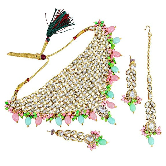 Tehzeeb Creations Designer Pink and Mint Color Choker Stone Necklace Set | Swadesiicart