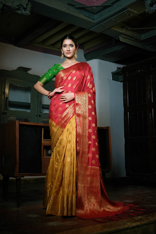 Vardha Mustard Yellow-Rosewood Red Golden Zari Banarasi Raw Silk Saree | Swadesiicart