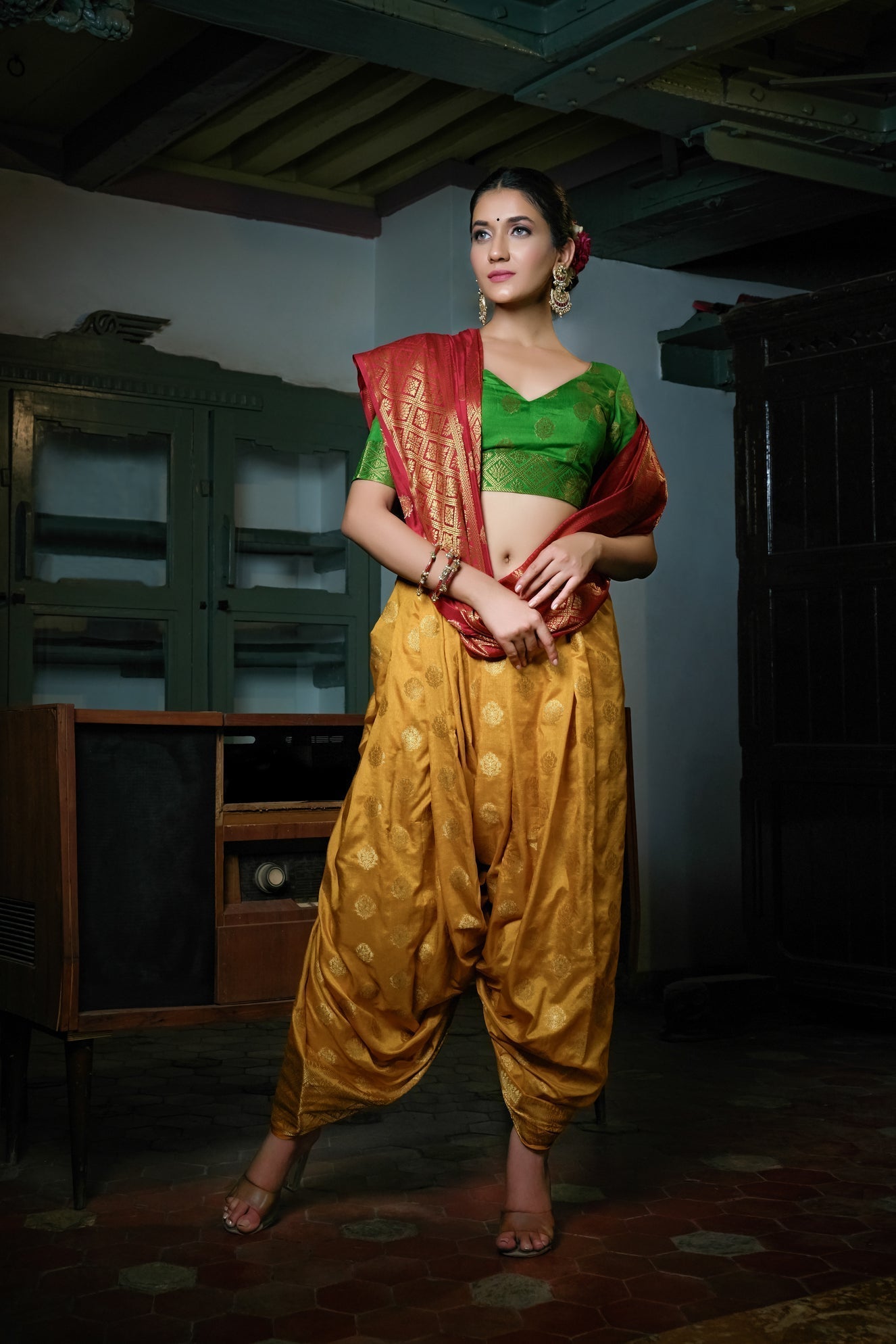 Vardha Mustard Yellow-Rosewood Red Golden Zari Banarasi Raw Silk Saree | Swadesiicart