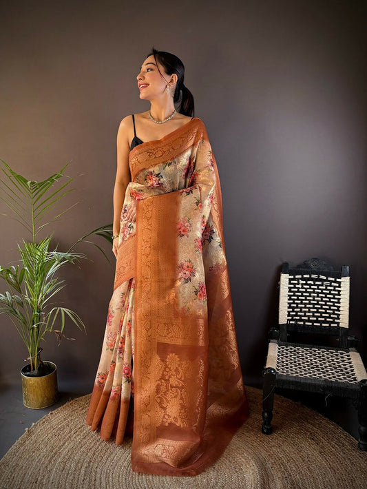 Joban Fashion Brown Floral Motifs Banarasi Silk Sarees | Swadesiicart