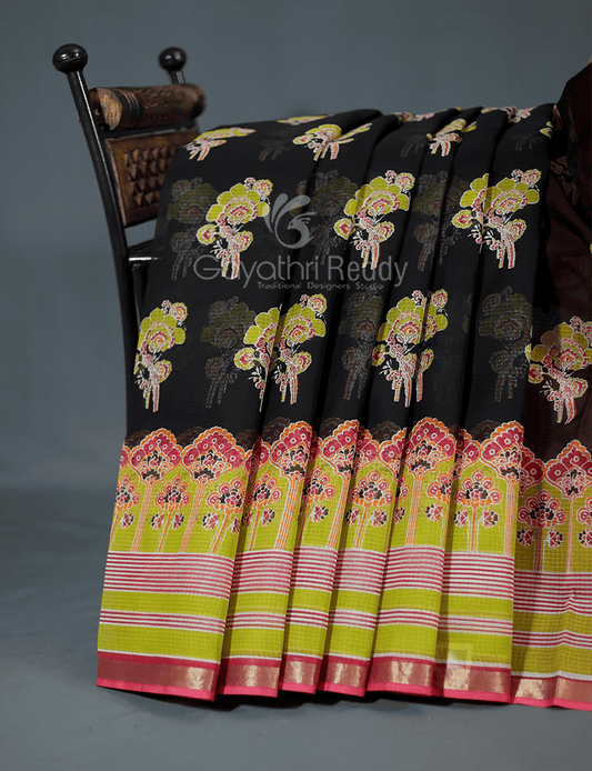 Shades of Black With Block Design Pure Kota Cotton Saree By Gayathri Reddy Designer Studio | Swadesiicart