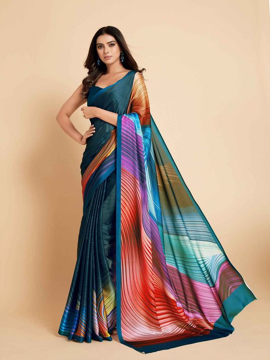 Sangria Navy Blue & Violet Satin Ready to Wear Saree | Swadesiicart