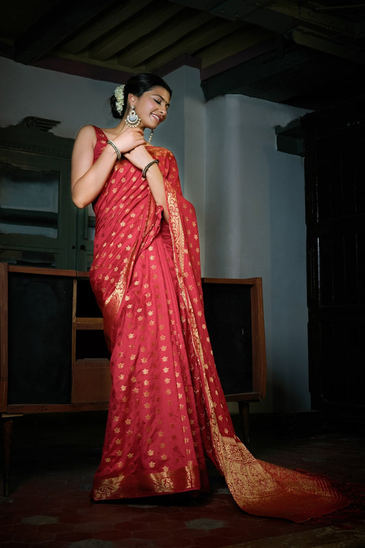 Vardha Rosewood Red Golden Zari Banarasi Raw Silk Saree | Swadesiicart