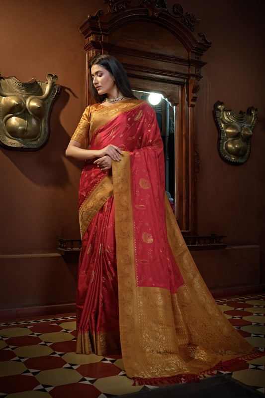 Vardha Myrtle Red Golden Zari Banarasi Satin Silk Saree | Swadesiicart