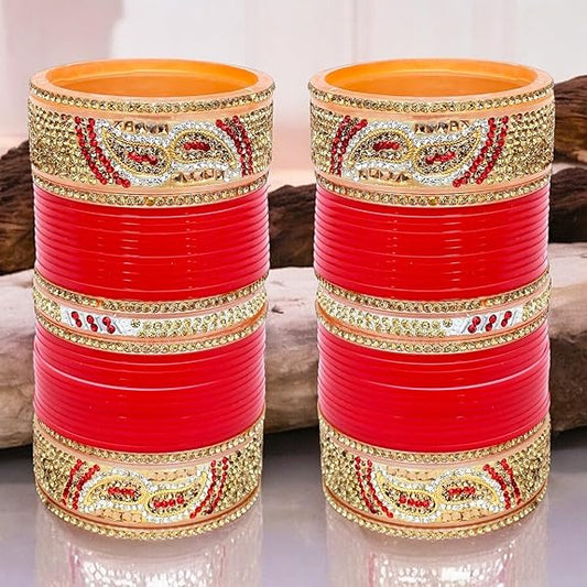 Tehzeeb Creations Bridal Bangle Set Designer Golden White & Red Stone Chuda Bridal Wedding Choora Fashion Chura For Women - Swadesiicart