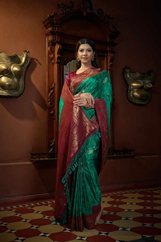 Vardha Indigo Blue Golden Zari Banarasi Satin Silk Saree | Swadesiicart