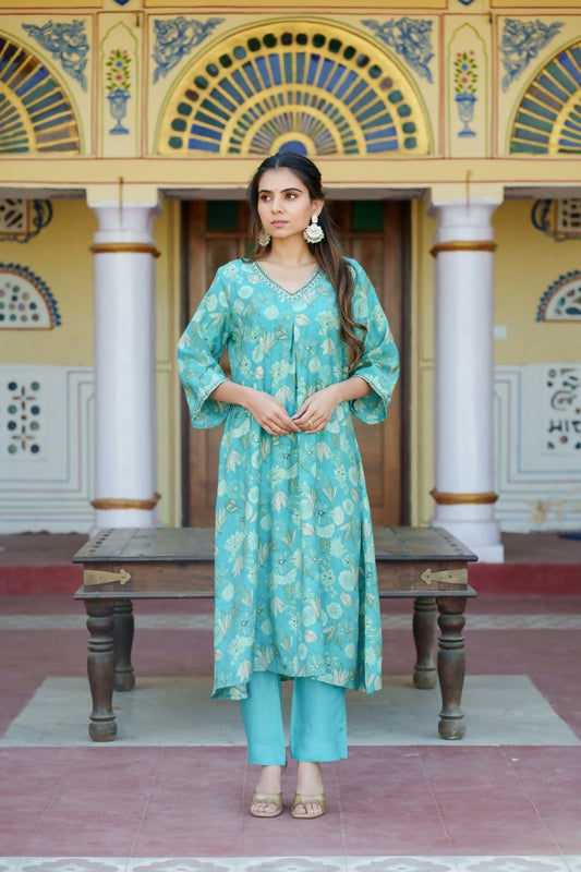Vaasva Women Aqua Muslin Pleated Kurta & Pant Clothing Set | Swadesiicart