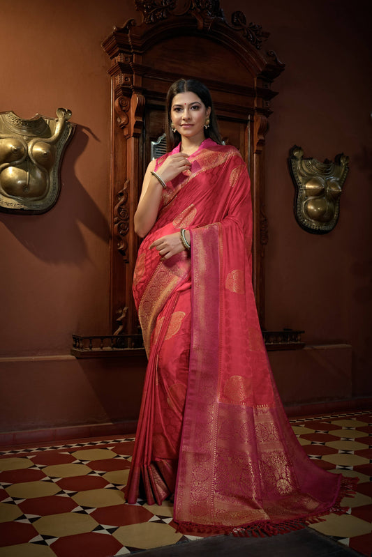 Vardha Myrtle Pink Golden Zari Banarasi Satin Silk Saree | Swadesiicart
